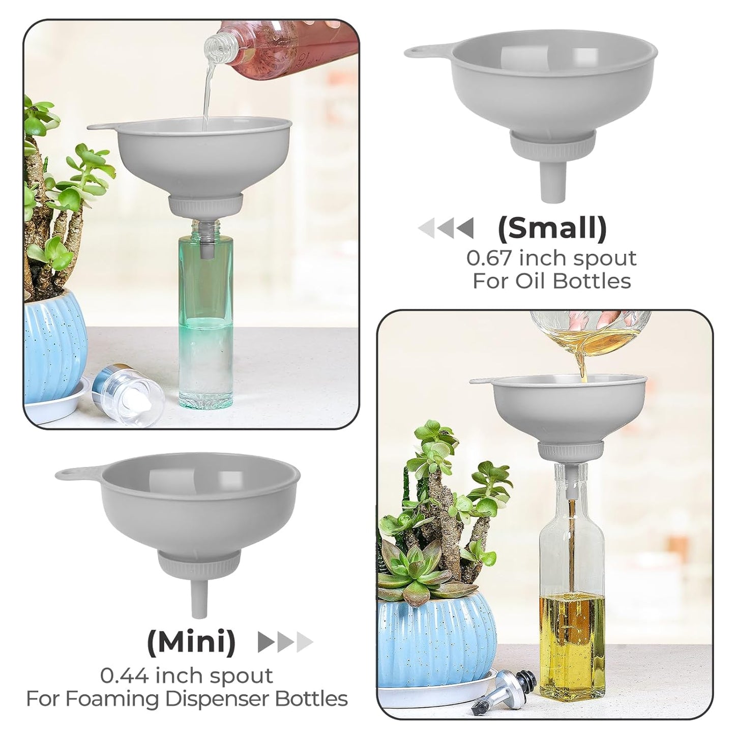 Pisol Wide Mouth Funnel Set - Versatile Food Grade Plastic Kitchen Funnels with 4 Spouts & 2 Strainers, Grey