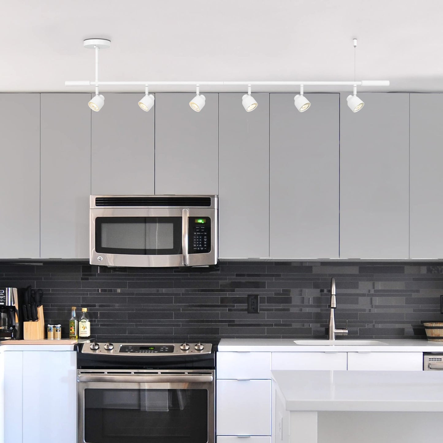 Globe Electric 64000054 6-Light Complete Track Lighting Kit with Pivoting Track Heads, Matte White, Adjustable Height, Ceiling Light Fixture, LED Compatible, Ideal for Kitchen or Living Room