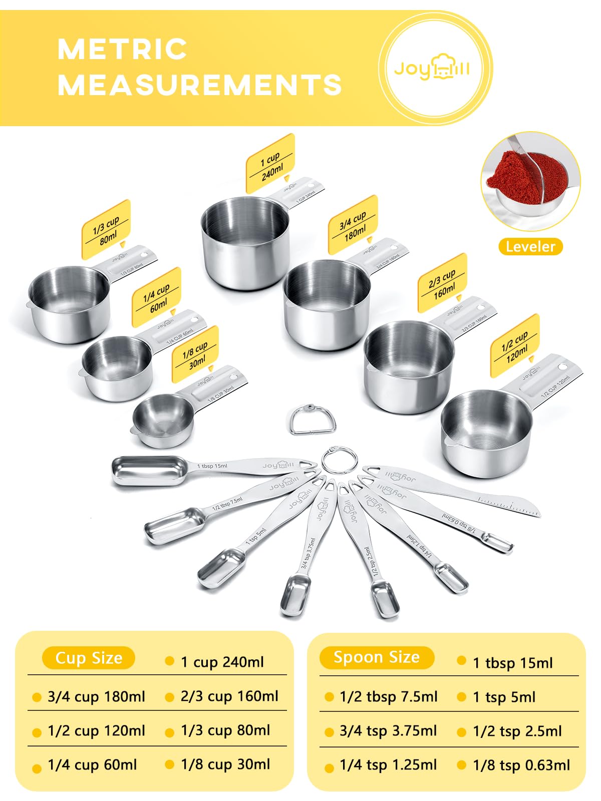 Joyhill Measuring Cups and Spoons Set of 15 Piece, Metal Stainless Steel Measuring Cups and Spoons Set for Baking Cooking, Dry and Liquid Ingredients