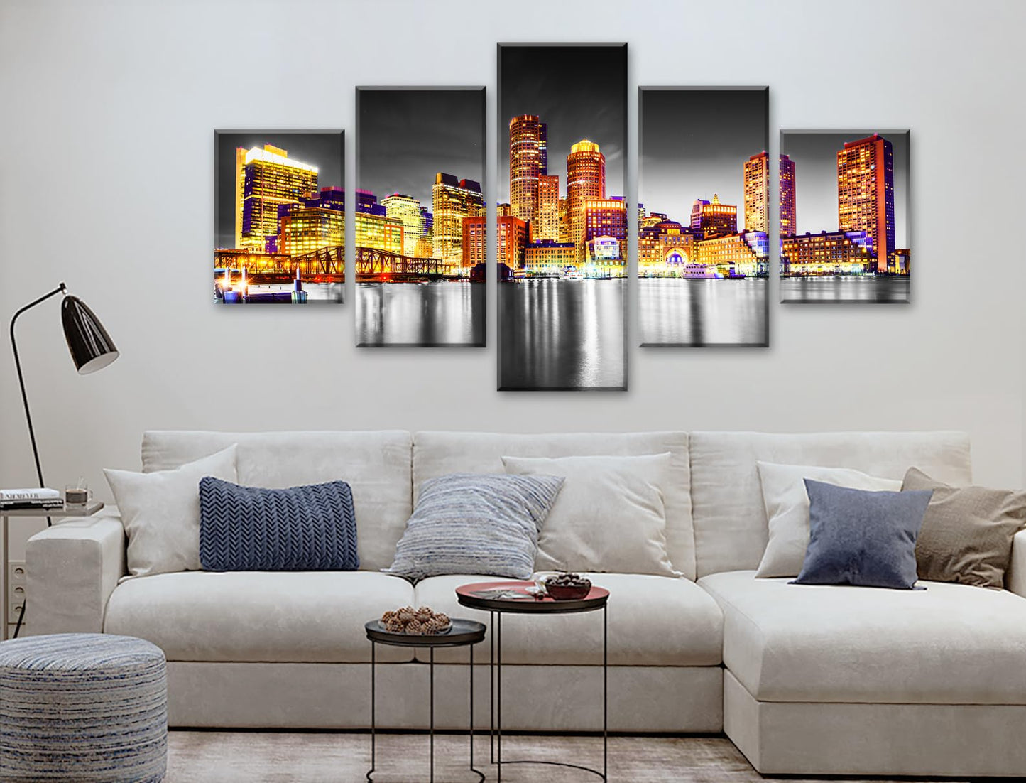 JiazuGo Living Room Wall Decor - Black and White Wall Art Boston City Pictures for Bedroom Large Size Boston Skyline Landscape Canvas Posters with Frame Ready to Hang(60" Wx 32" H)
