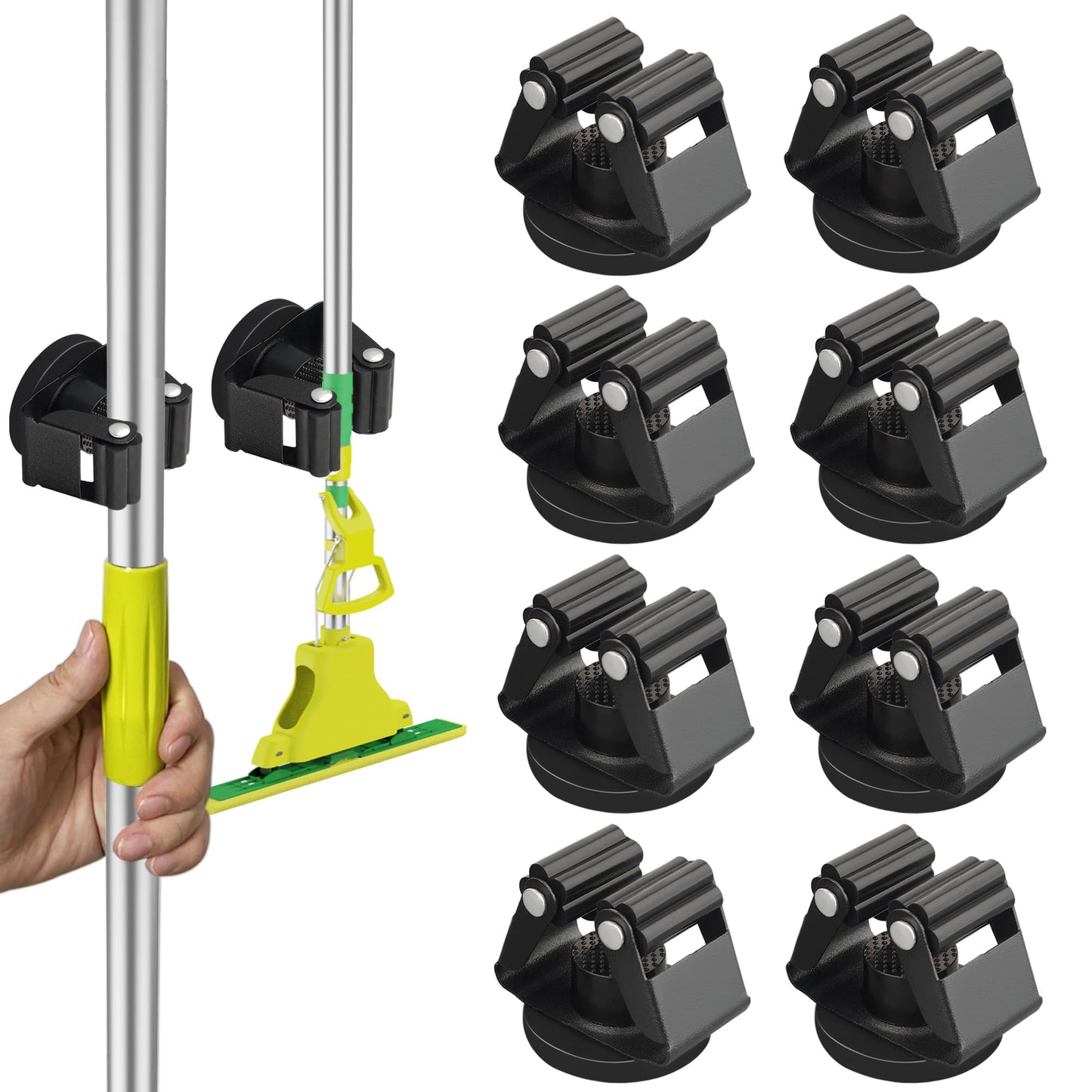 ULIBERMAGNET Magnetic Mop Broom Holder,Heavy Duty Movable Magnetic Broom Holder Rack,Anti-slip Wall Mounted Utility Storage Mop Shovel Hanger for Garage, Kitchen, Laundry, Garden(8 Pack/Black)