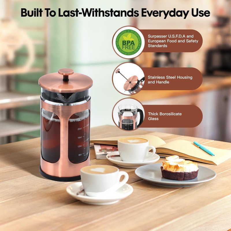 Panana 34 Ounce 1 Liter French Press Coffee Maker, Heat Resistant Borosilicate Glass Coffee Press, Cold Brew Coffee Pot Tea Press for Kitchen, Stainless Steel (Copper)