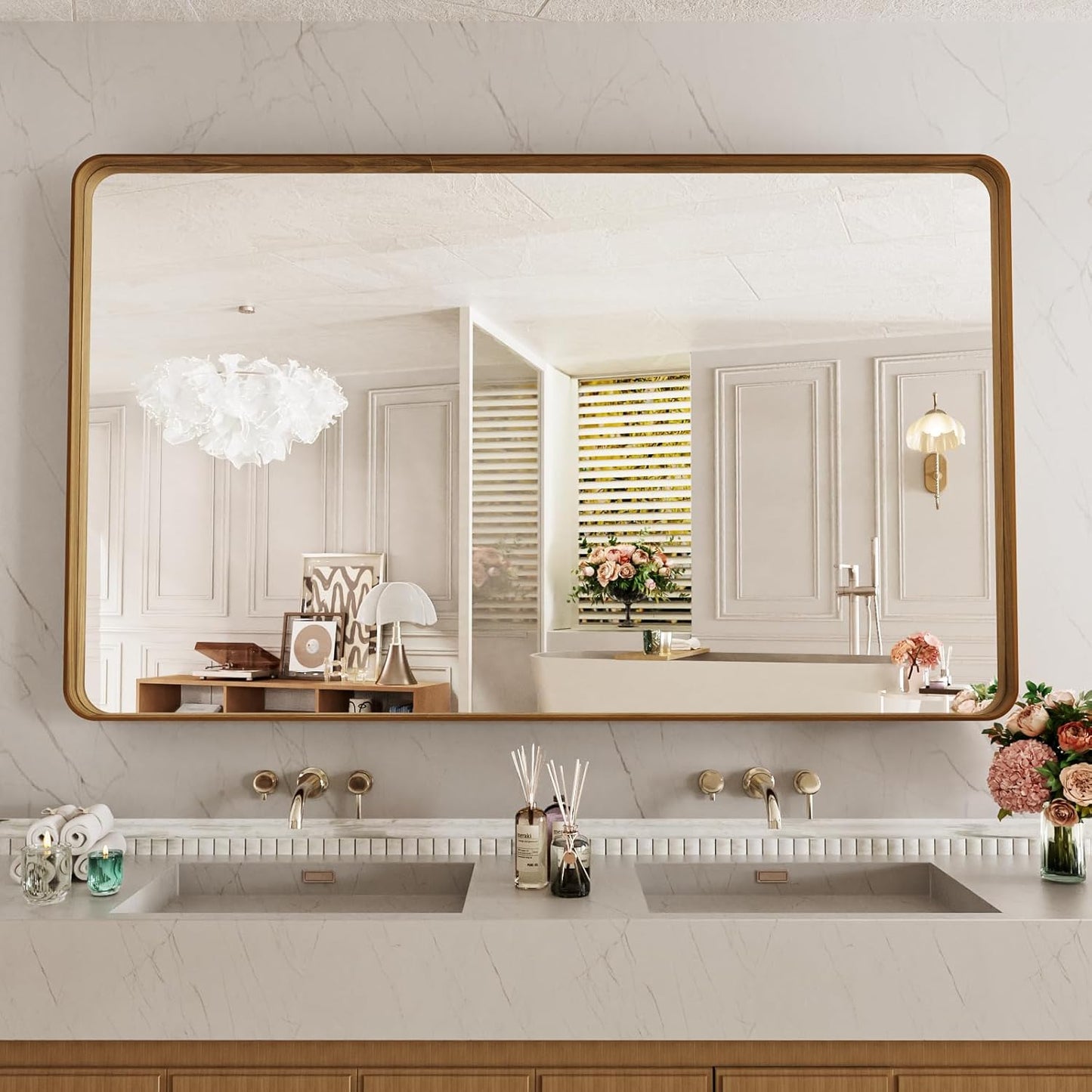 LOAAO Bathroom Mirror - 60X28 Inch Rounded Rectangle Design with Wood Grain Metal Frame | Anti-Rust, Versatile Hanging Options