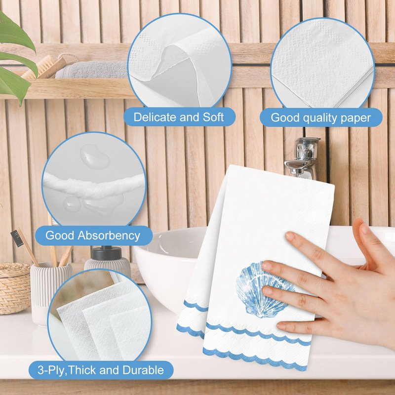 FYSUIMU 100 Pcs Blue Seashell Guest Napkins Sea Shell Scalloped Disposable Napkins Ocean Dinner Paper Hand Towels for Bathroom Summer Holiday Party Table Supplies