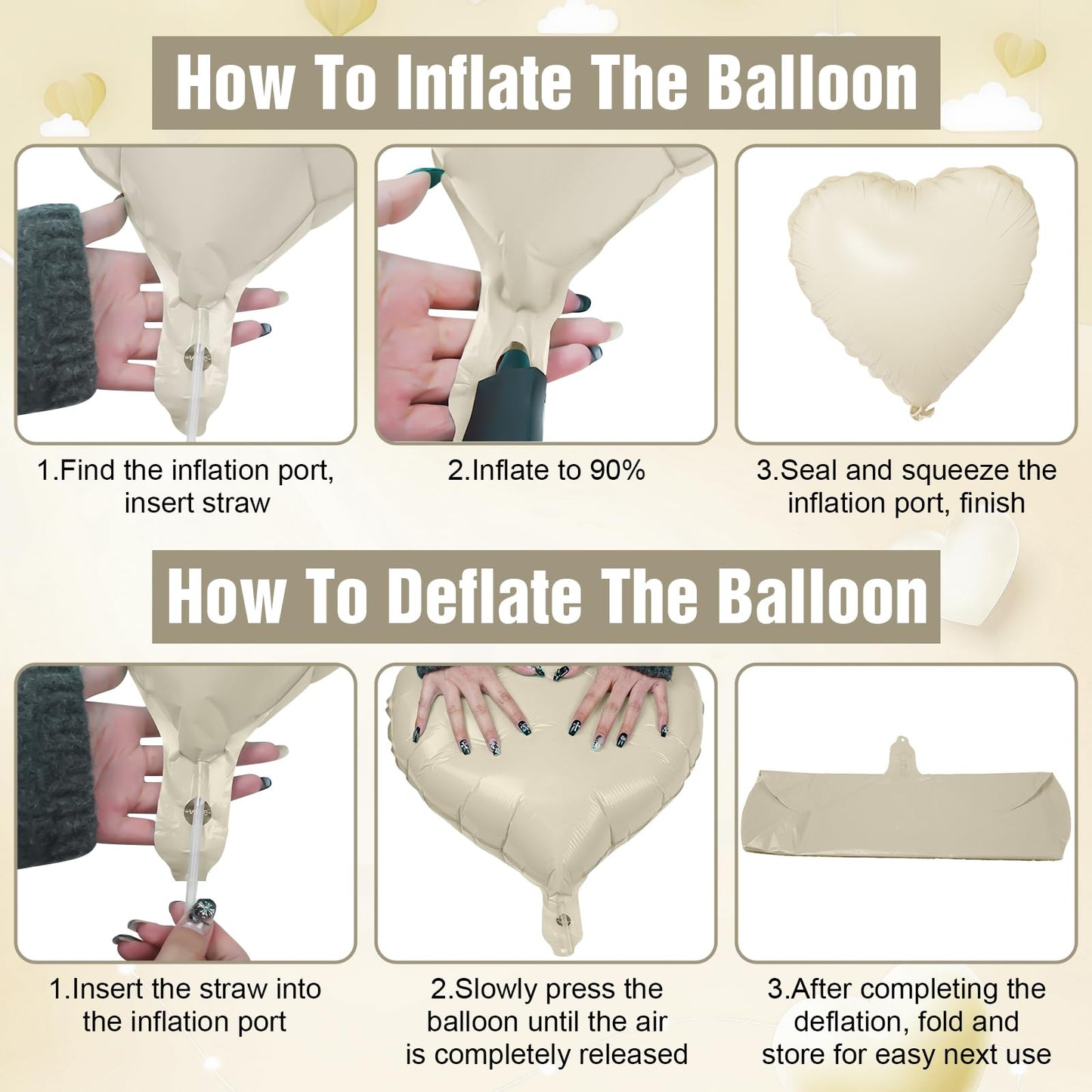 White Heart Balloons,10Pcs Cream White Foil Heart Shaped Balloons,18Inch Beige Helium Polyester Film Balloon for Valentines Engagement Birthday Baby Shower Wedding Party Decorations