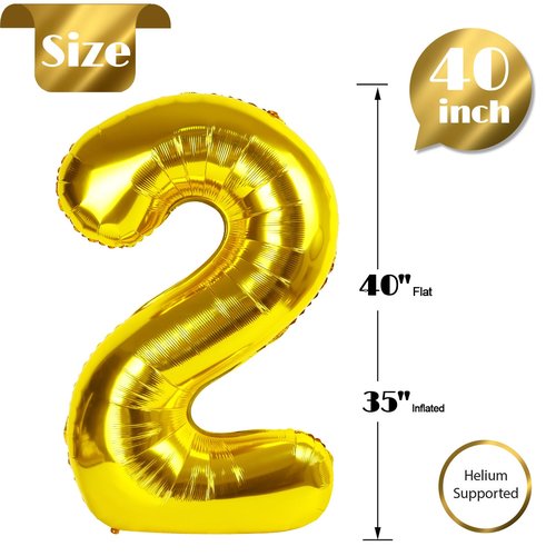Gold Number 2 Balloon 40 Inch, 2nd Birthday Decoration for Toddlers Girls Boys, Sparkling 2 Number Balloon Party Decor