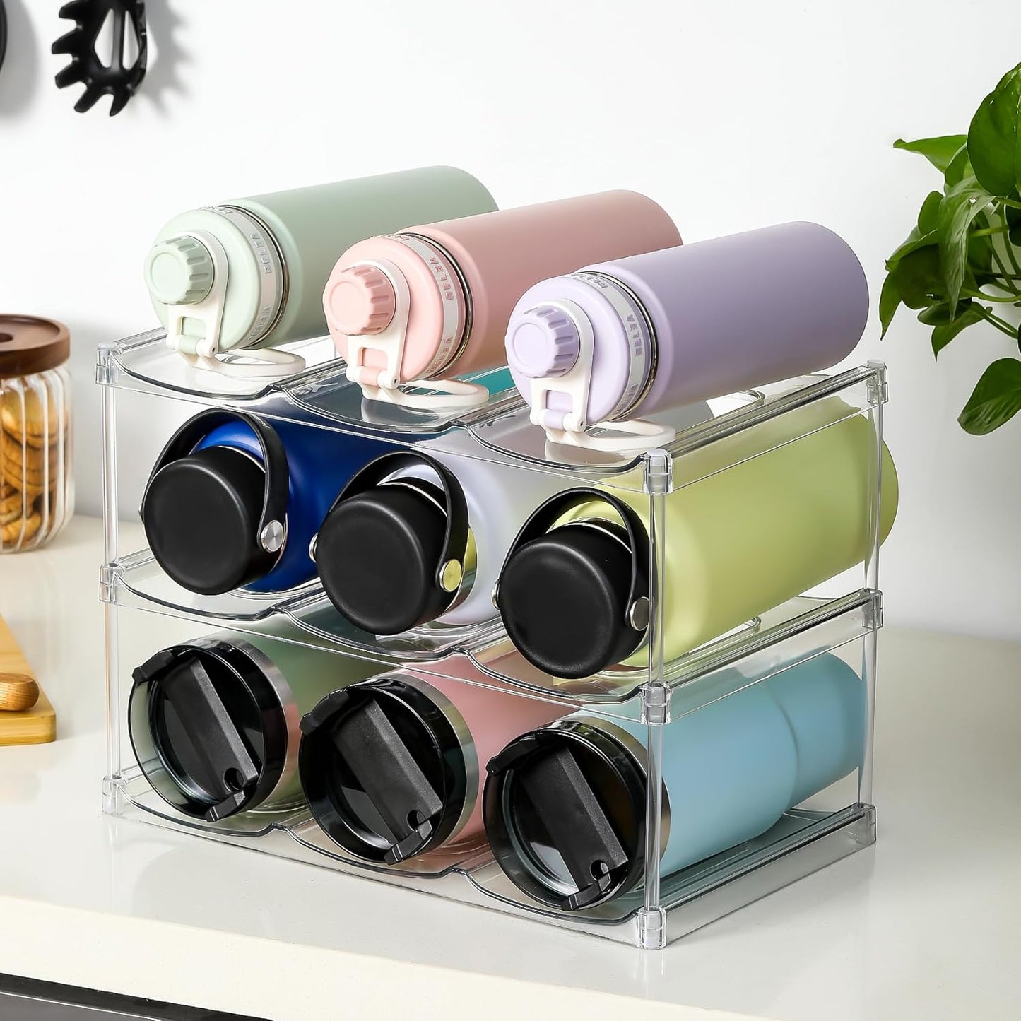Skiennix Stackable Water Bottle Organizer - Large Compartment for Stanley Tumblers - Clear 3-Tier Holder for Cabinets & Countertops