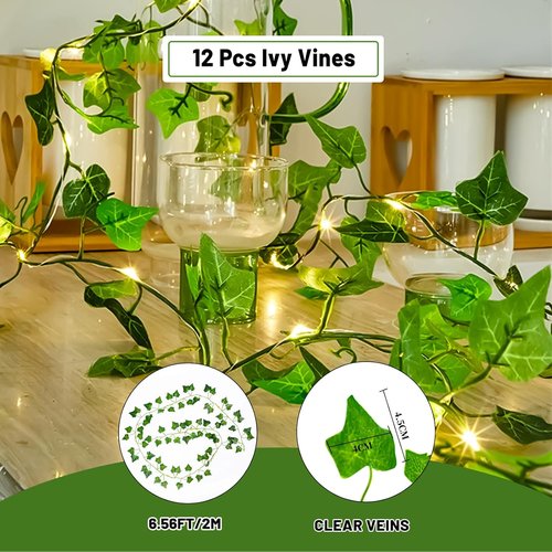 HXWEIYE Artificial Ivy Greenery Garland - 12 Pack with 200 LED Fairy Curtain String Lights | Perfect for Indoor/Outdoor Decor