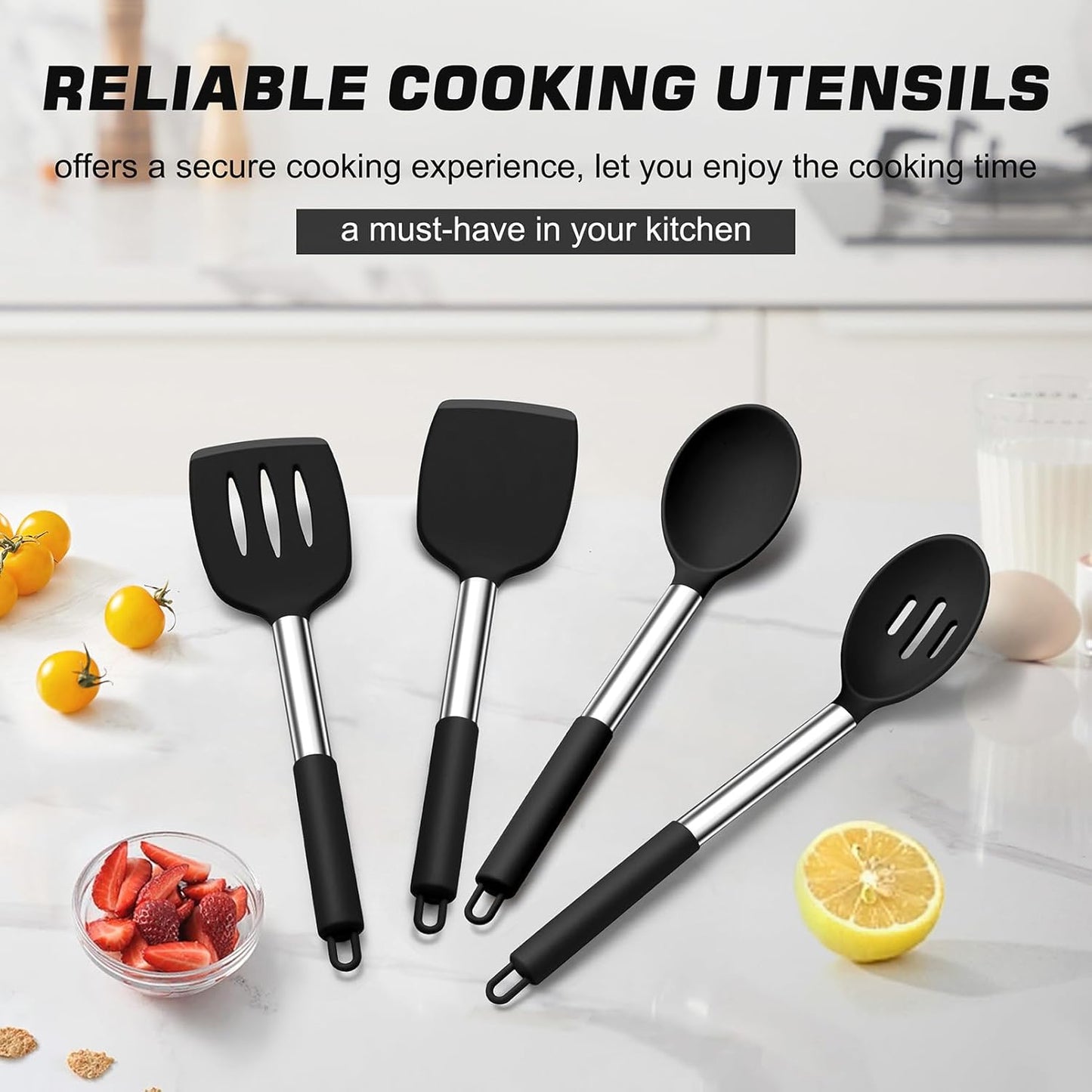 TeamFar Silicone Cooking Utensils Set - 4 PCS Heat-Proof Non-Stick Spatula & Spoon Set with Stainless Steel Handle - Black