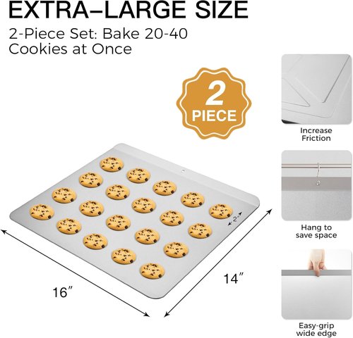 HONGBAKE Large Flat Cookie Sheet Set - Nonstick Insulated Baking Pan | 16" x 14", Grey