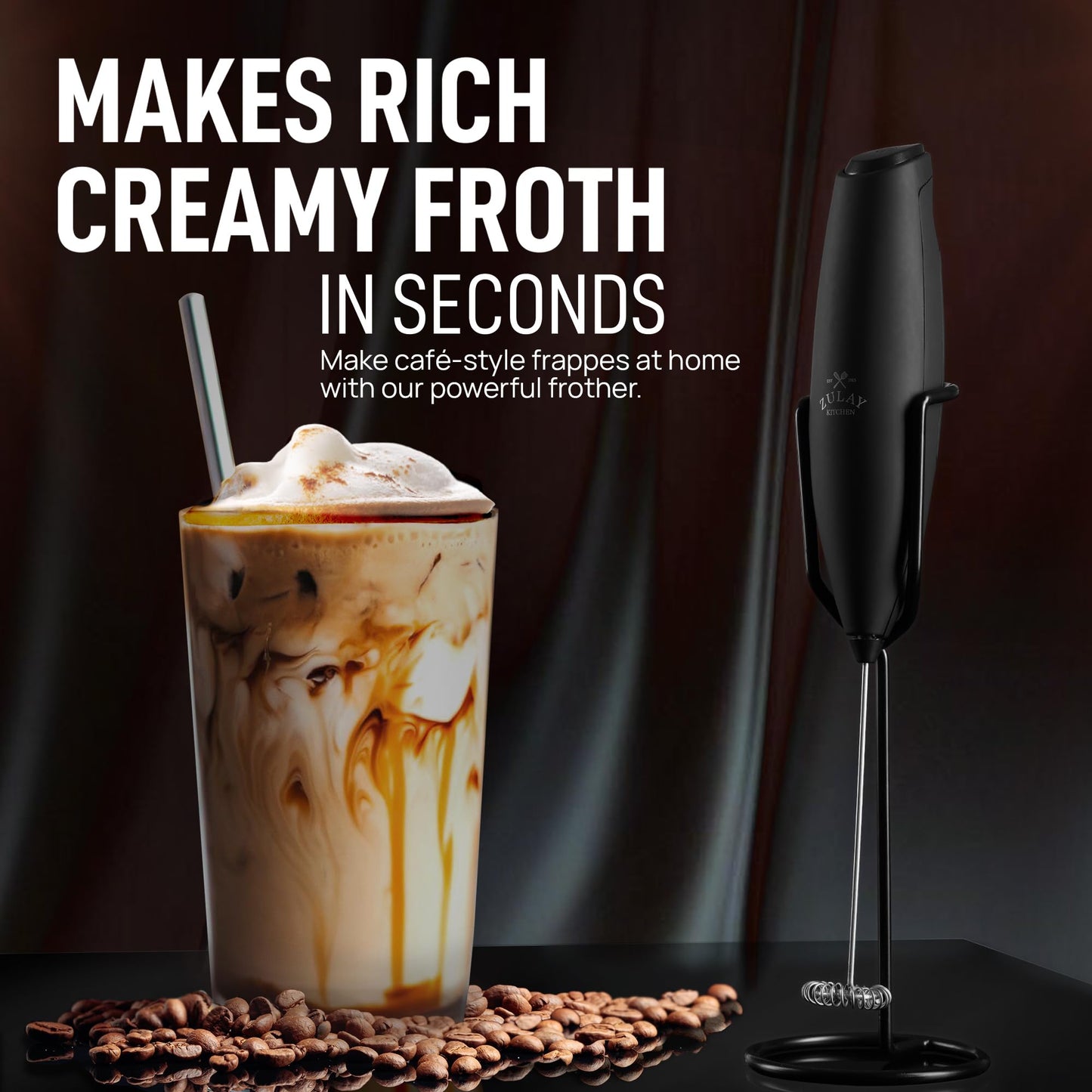 Zulay Kitchen Executive Series Milk Frother Wand - Upgraded & Improved Stand - Ideal Coffee Gift - Coffee Frother Handheld Foam Maker For Lattes - Electric Milk Frother Handheld For Cappuccino