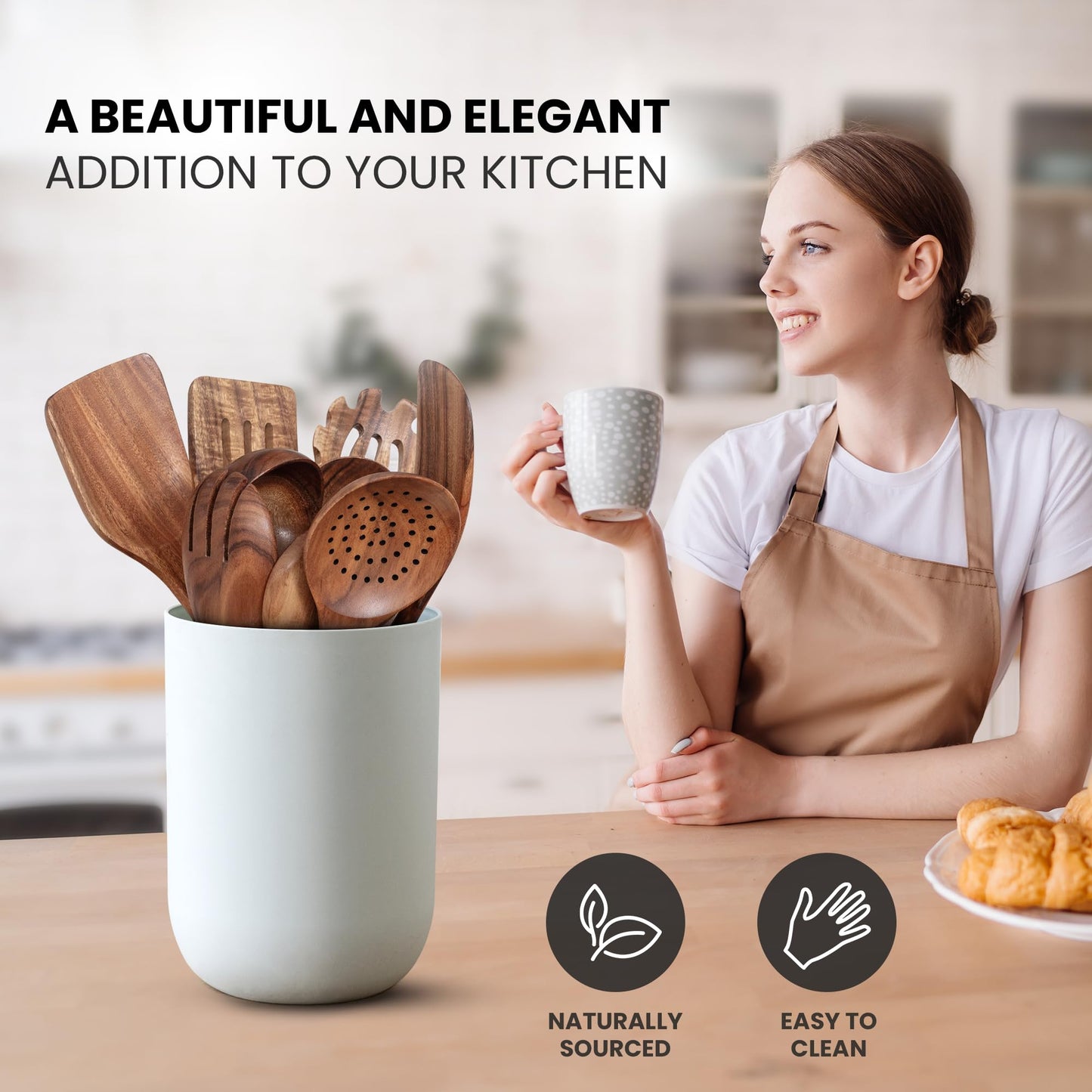 Zulay Kitchen 9-Piece Teak Wooden Utensils for Cooking - Natural Teak Utensil Set with Premium Gift Box - Non-Stick Wooden Spoons for Cooking - Kitchen Gift Set - Comfortable Grip Wooden Utensil Set