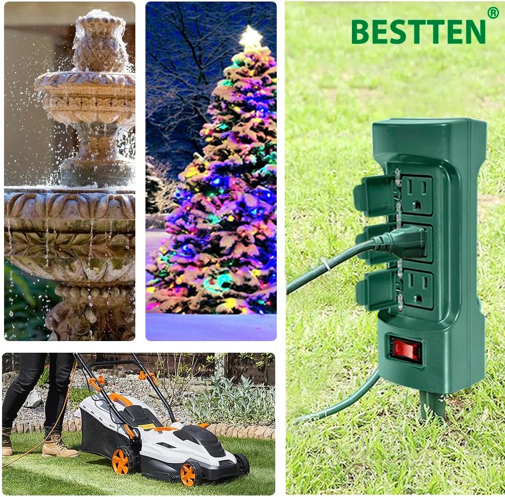 Outdoor Power Strip with Covers - 6-Outlet Yard Stake, 9ft Cord & Overload Protection
