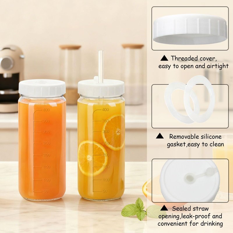 Ruckae 16oz 10 Pack Glass Juice Bottles with Dual Scale, Reusable Glass Bottles with Hole Lids and Straws Mason Jar for Juicing, Smoothies, Kombucha - Water Bottle for Fridge or Gym (Transparent)