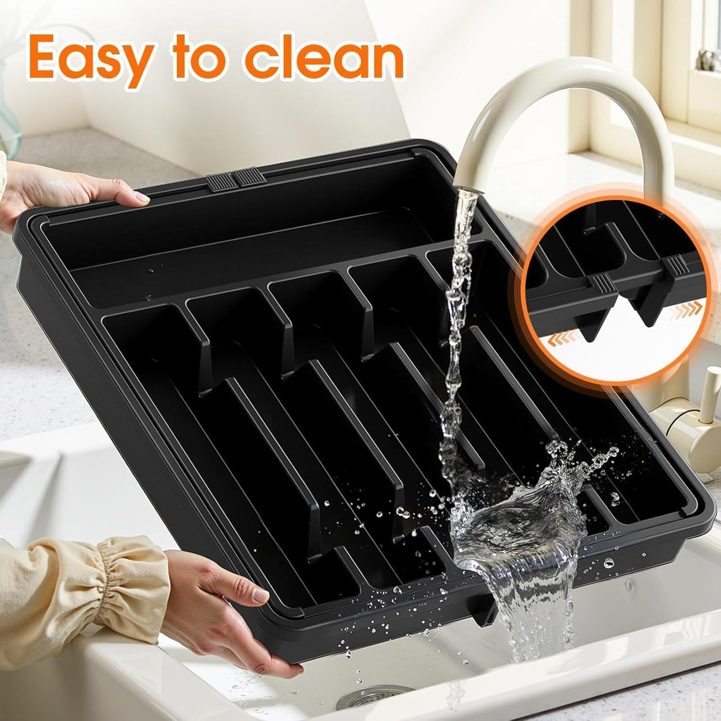 SpaceHacks Silverware Organizer - Adjustable & Expandable Utensil Drawer Holder | BPA-Free Cutlery Tray, Large Black