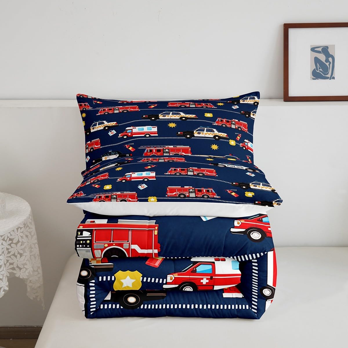 Cartoon Police Car Bedding Set Red Fire Truck Comforter Set for Kids Boys Fire Extinguisher Duvet Set Airplane Comforter 1 Comforter Set with 2 Pillowcases Full Size Boys