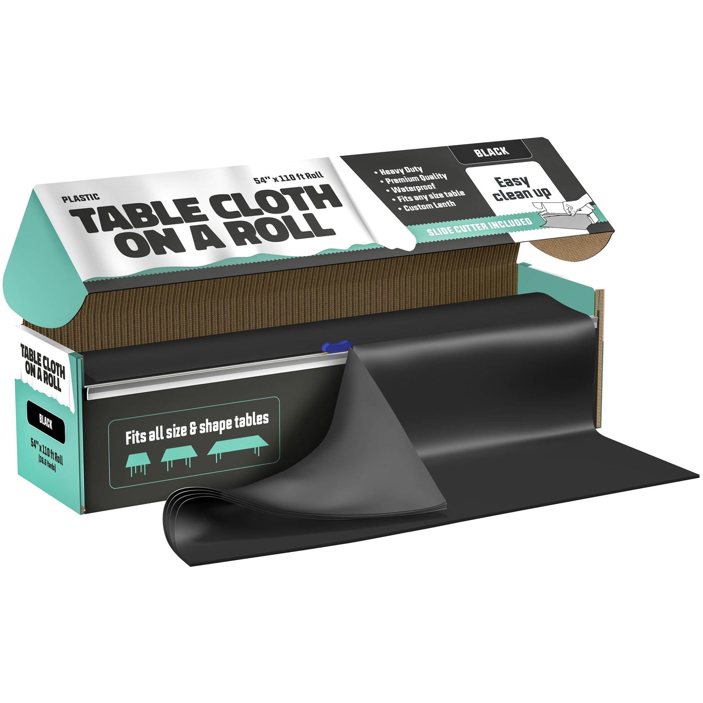 Tablecloth Roll – 54" X 110' Black Premium Plastic Table Cloths with Cutter Box - Cut to Size - Decorative Rectangle Table Cover Smooth Tablecloth - Disposable Tablecloths for Parties, Weddings.