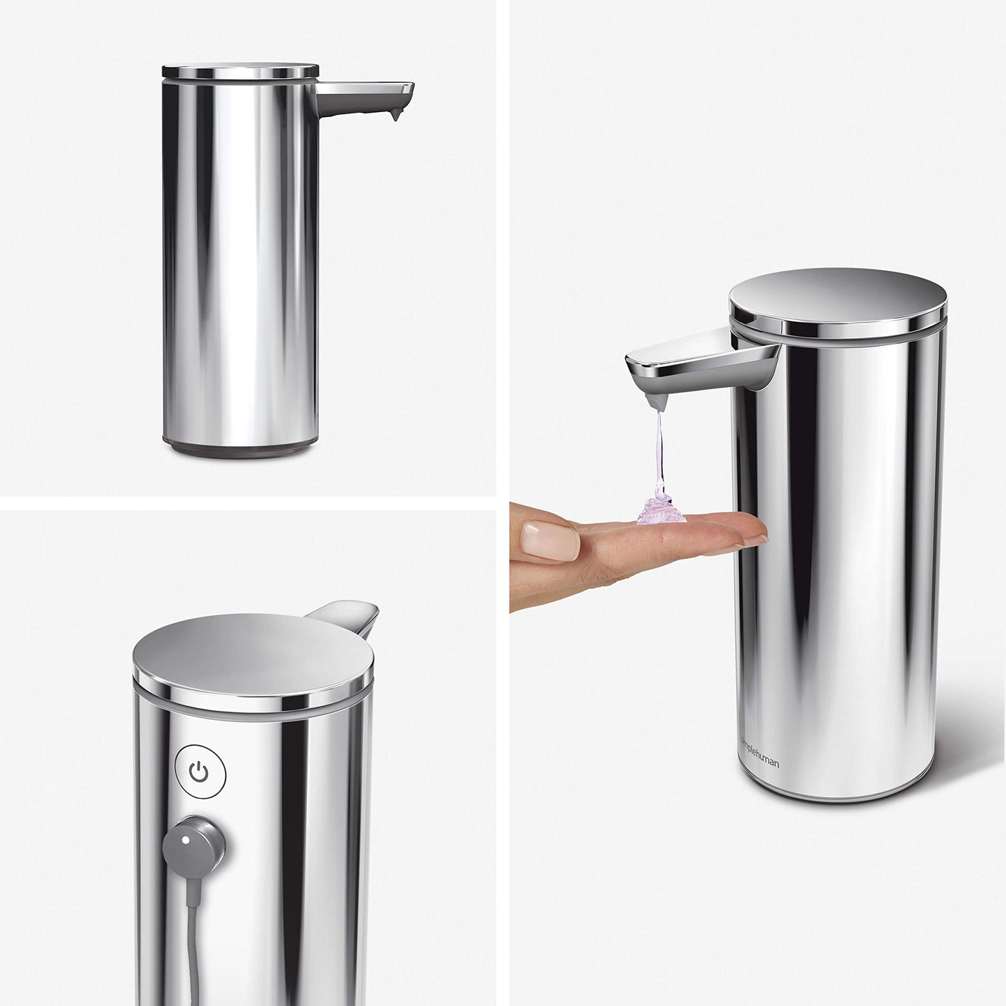 simplehuman 9 oz. Touch-Free Rechargeable Sensor Liquid Soap Pump Dispenser, Polished Stainless Steel