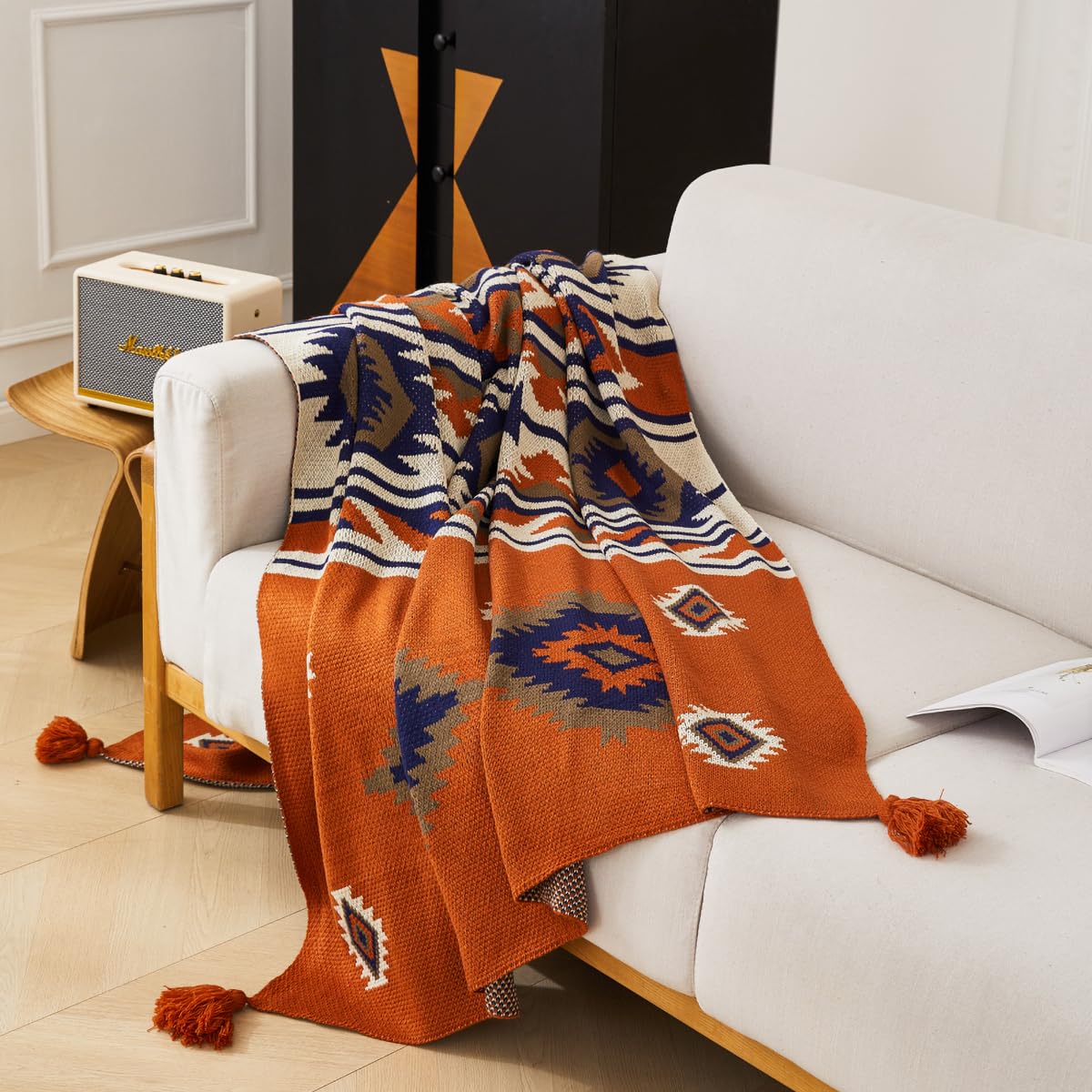 Chair Throw Blankets, Acrylic Knitted Southwest Tribal Bed Throws Couch Sofa Blanket, Native American Southwestern Soft Warm Throw Navaho Living Room Bedroom (Rusted Brown Navy White, 60”x80”)