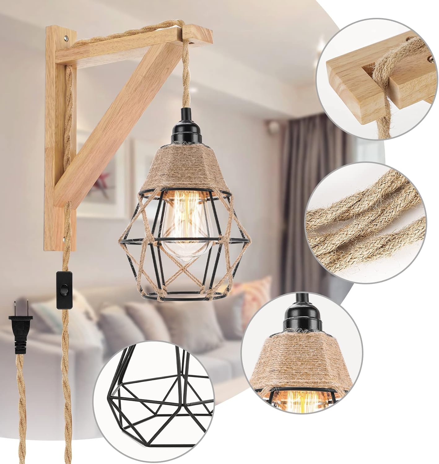 Frideko Wood Wall Sconces Set of Two Plug in, Rustic Wall Lamp with Plug in Cord, Farmhouse Wall Light Fixtures with 8.21FT On/Off Switch Cord, Indoor Sconces Wall Lighting for Bedroom Living Room