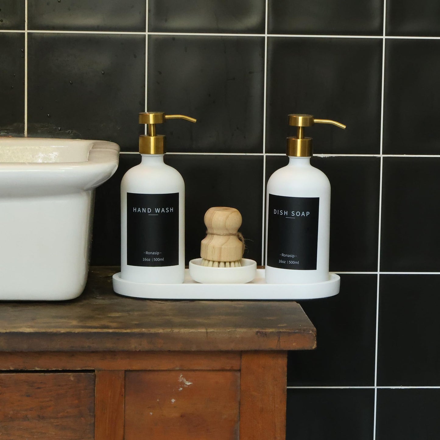Ronasip Set of 5 Kitchen Soap Dispenser Set 16 Oz Glass Hand Dish Soap Dispenser with Stainless Steel Pump, Cement Tray, Dish Scrub Brush for Farmhouse Rustic Home Bathroom Decor (White)