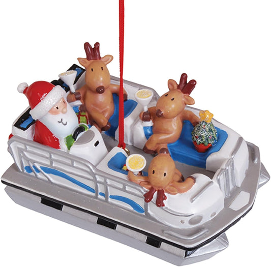 Santa & Reindeer Pontoon Party Boat Christmas Tree Ornament - Cape Shore Holiday Decor