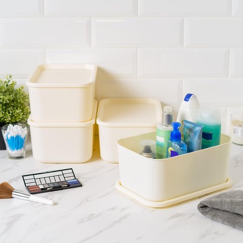 IRIS USA Storage Bins - 7 Qt. Stackable Plastic Baskets with Lids | Small 4-Pack in Off White