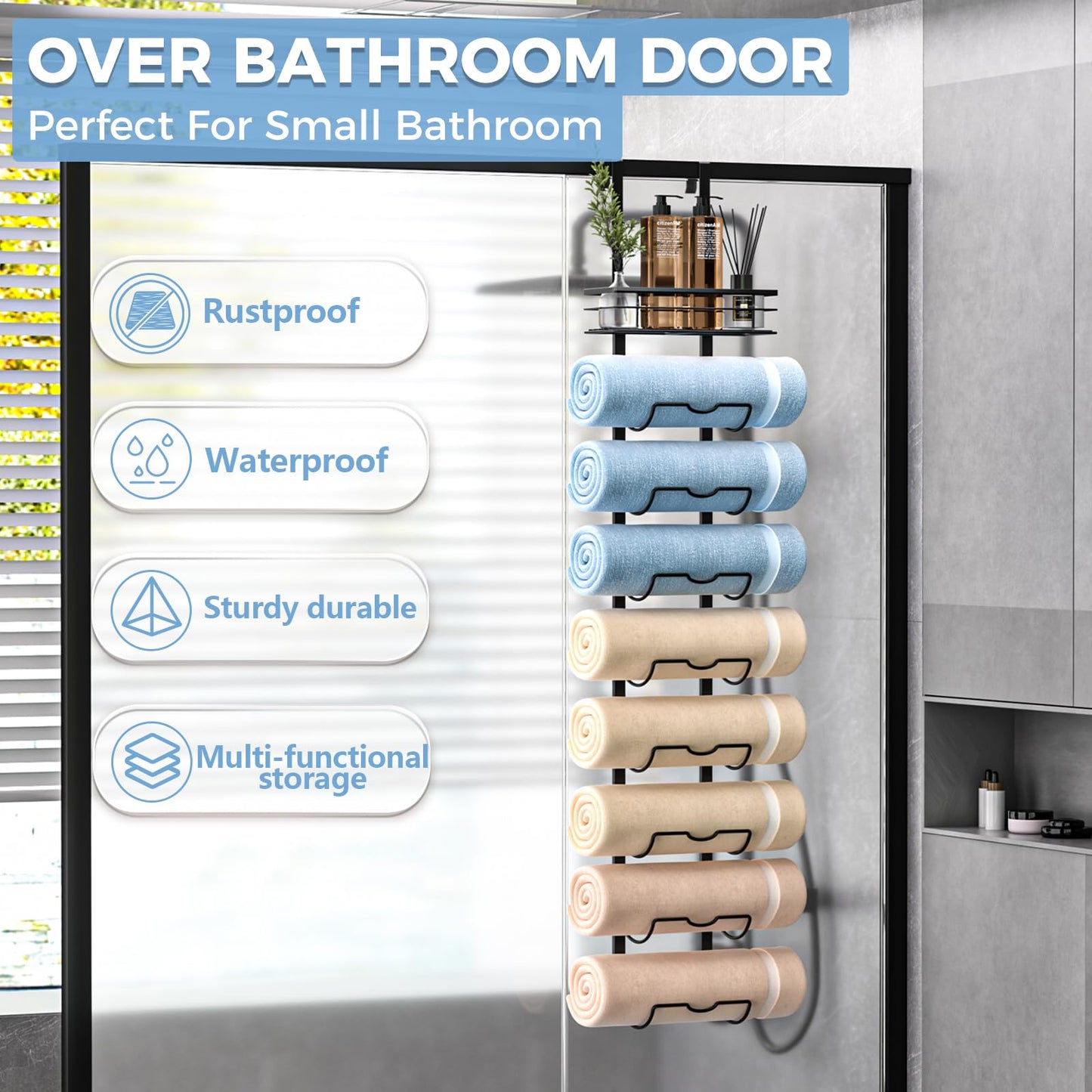 Xstydes 9-Tier Over The Door Towel Rack,Towel Racks for Bathroom, Metal Towel Holder with Storage Basket,Towel Storage for Small Bathroom,Towel Rack for Rolled Towels,Black