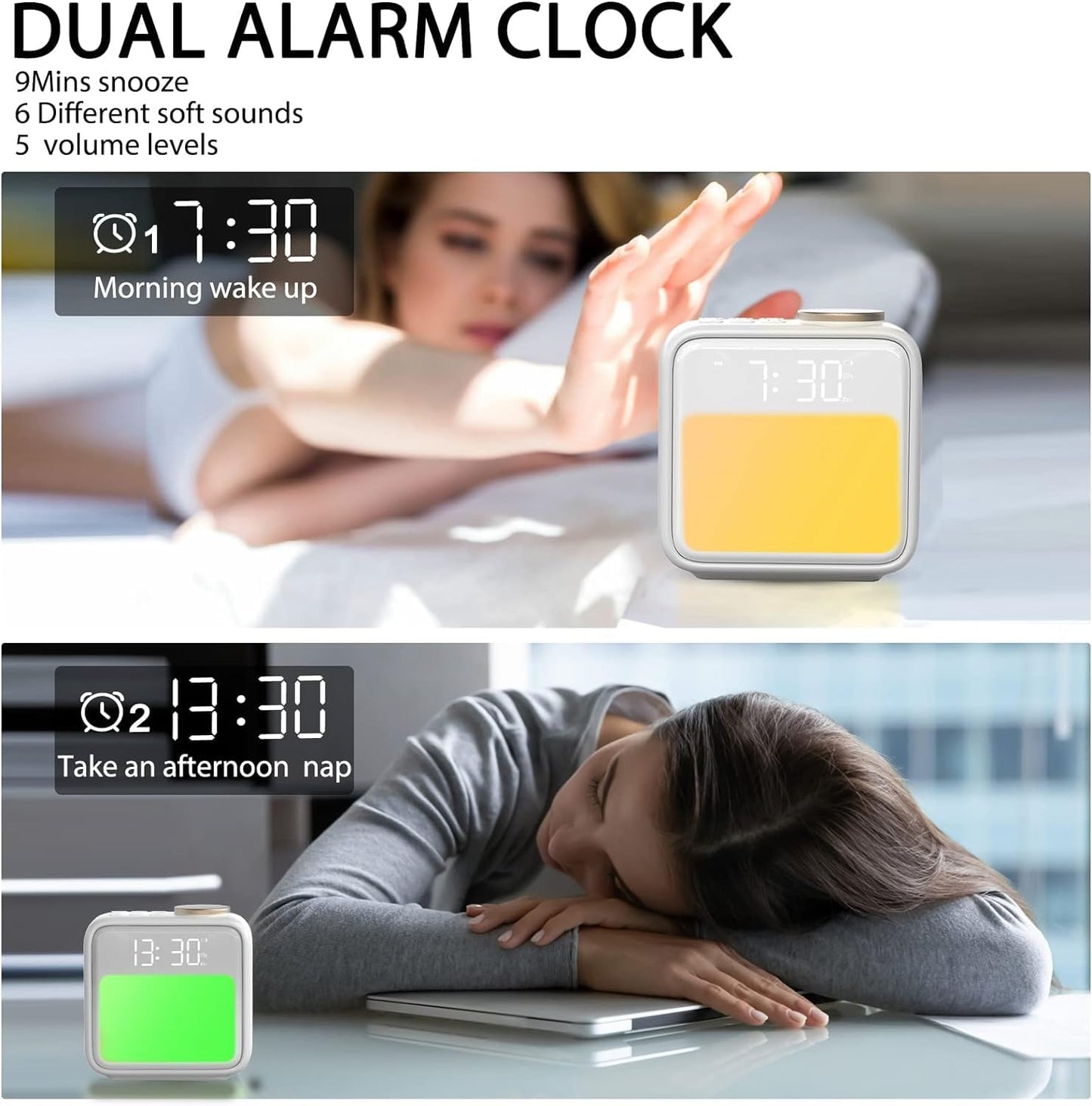 Samshow Alarm Clocks for Bedrooms,Loud Alarm Clock for Heavy Sleepers Adults, 15-180 Mins Sleep Aid,6 Wake up Sounds,10 Colors Night Light,Dynamic RGB Color, White