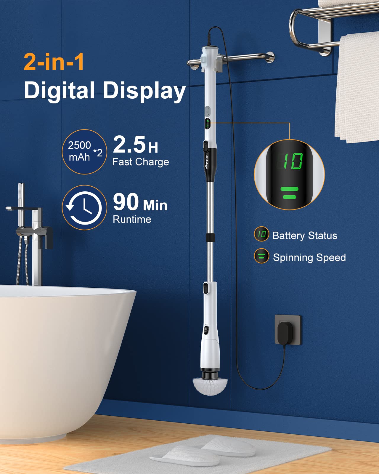 LABIGO Electric Spin Scrubber LA2 Pro, Shower Cleaning Brush with Display and 4 Replaceable Brush Heads,2 Adjustable speeds, 3 Adjustable Extension Handle, Power Cleaning Brush for Bathroom Tile Black