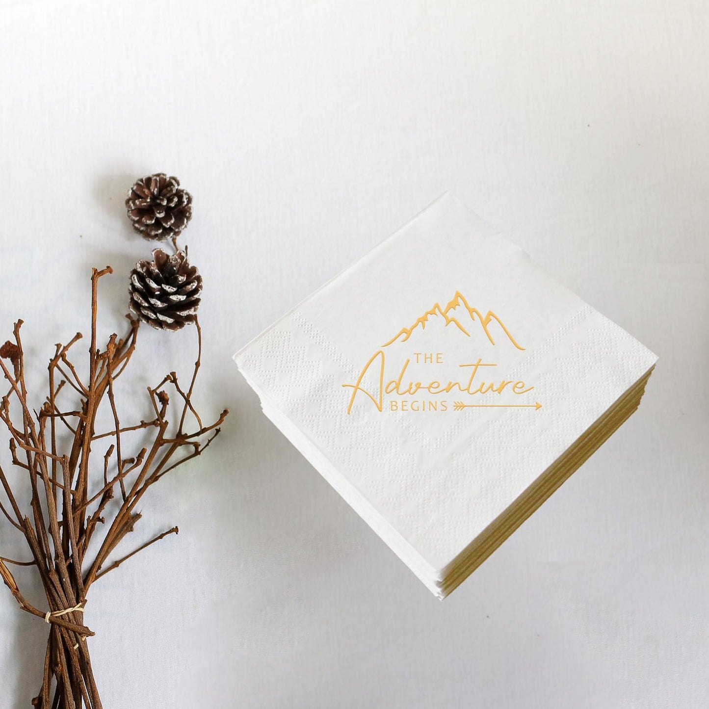 The Adventure Begins Napkins, 50 Pcs White and Gold Party Paper Cocktail Napkins for Wedding Pregnancy Announcement Baby Shower Bachelorette Engagement Graduation Bridal Shower 3-Ply
