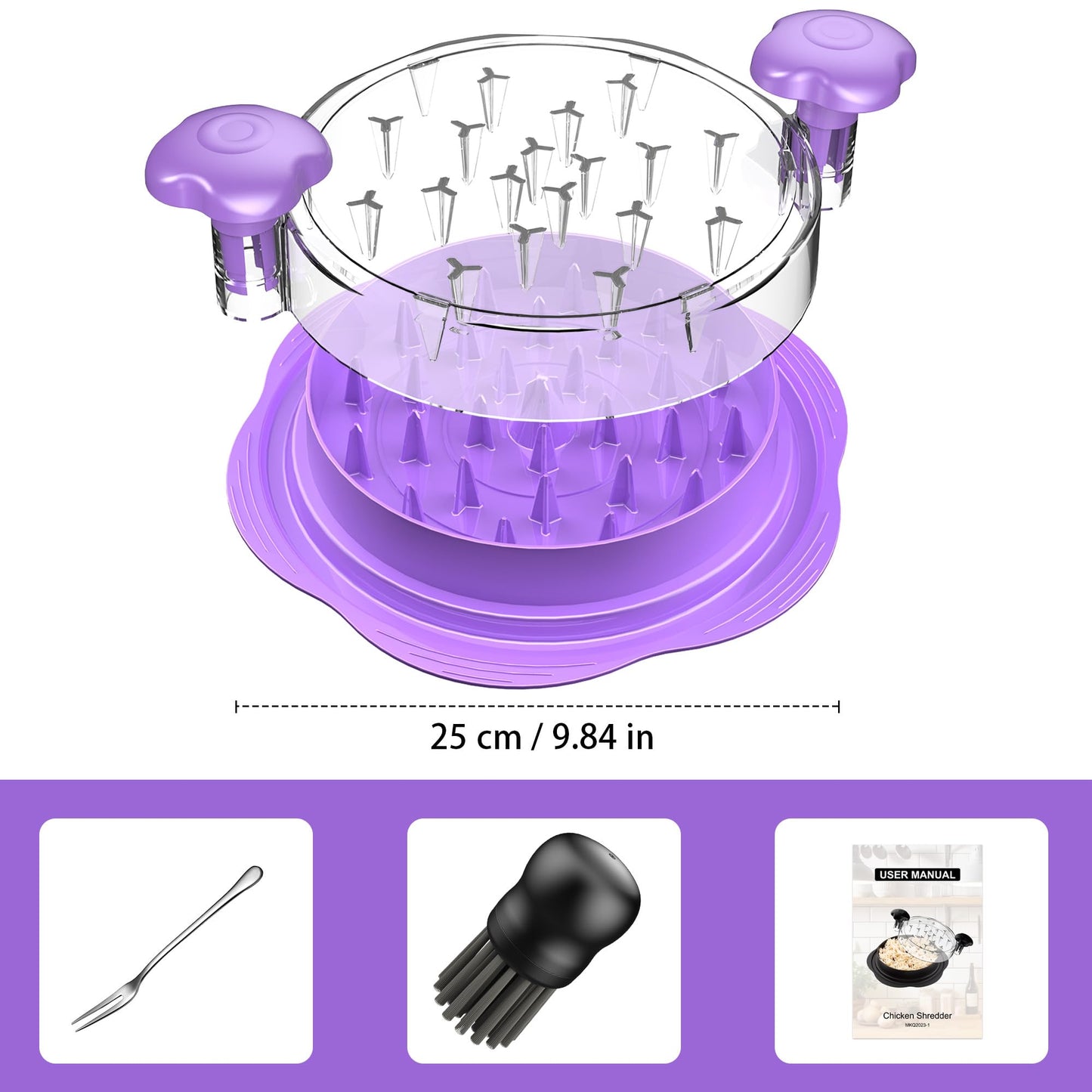 SURETIVIAN Chicken Shredder Large Chicken Breast Shredder Tool Twist with Brush&Fork, Visible Meat Shredder Machine, Anti-Slip Strip, Ergonomic Handle, BPA Free, Suitable for Pork Beef Chicken(Purple)