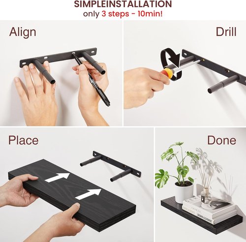 BAYKA Floating Shelves - Rustic Wall-Mounted Wood Shelves for Home Decor | 15.7in, Black, Set of 4