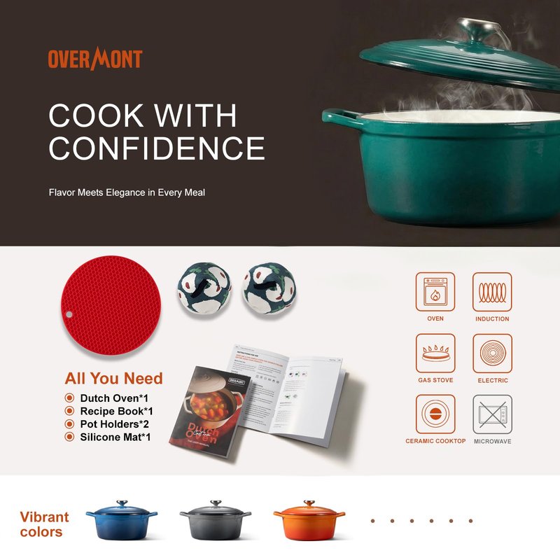 Overmont Enameled Cast Iron Dutch Oven - 5.5QT Pot with Lid Cookbook & Cotton Potholders - Heavy-Duty Cookware for Braising, Stews, Roasting, Sourdough Baking Bottle green