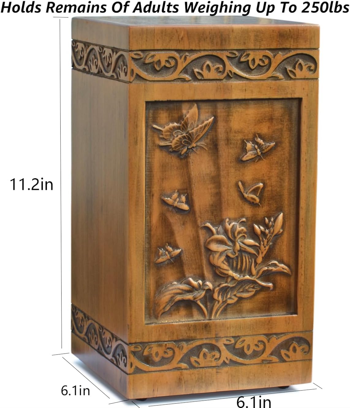 Handmade Wooden Engraved Urn for Human Ashes Adult Male Female Satin Bag Cremation urns Box (Butterfly(250lbs))