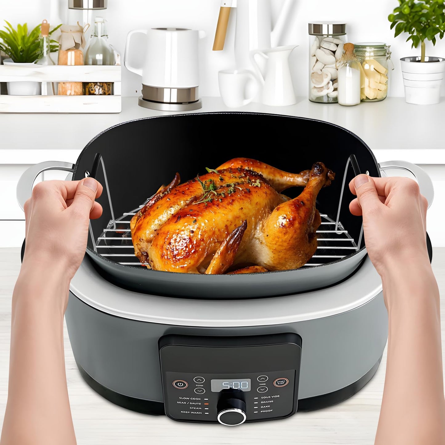 Fondpen Roast and Steamer Rack Compatible with Ninja Foodi Possible Cooker Pro 8.5 Quart MC1000, MC1001, MC1010 Slow Cooker Crock, Stainless Steel Crock Pot Accessories with Silicone Protected Feet Handles