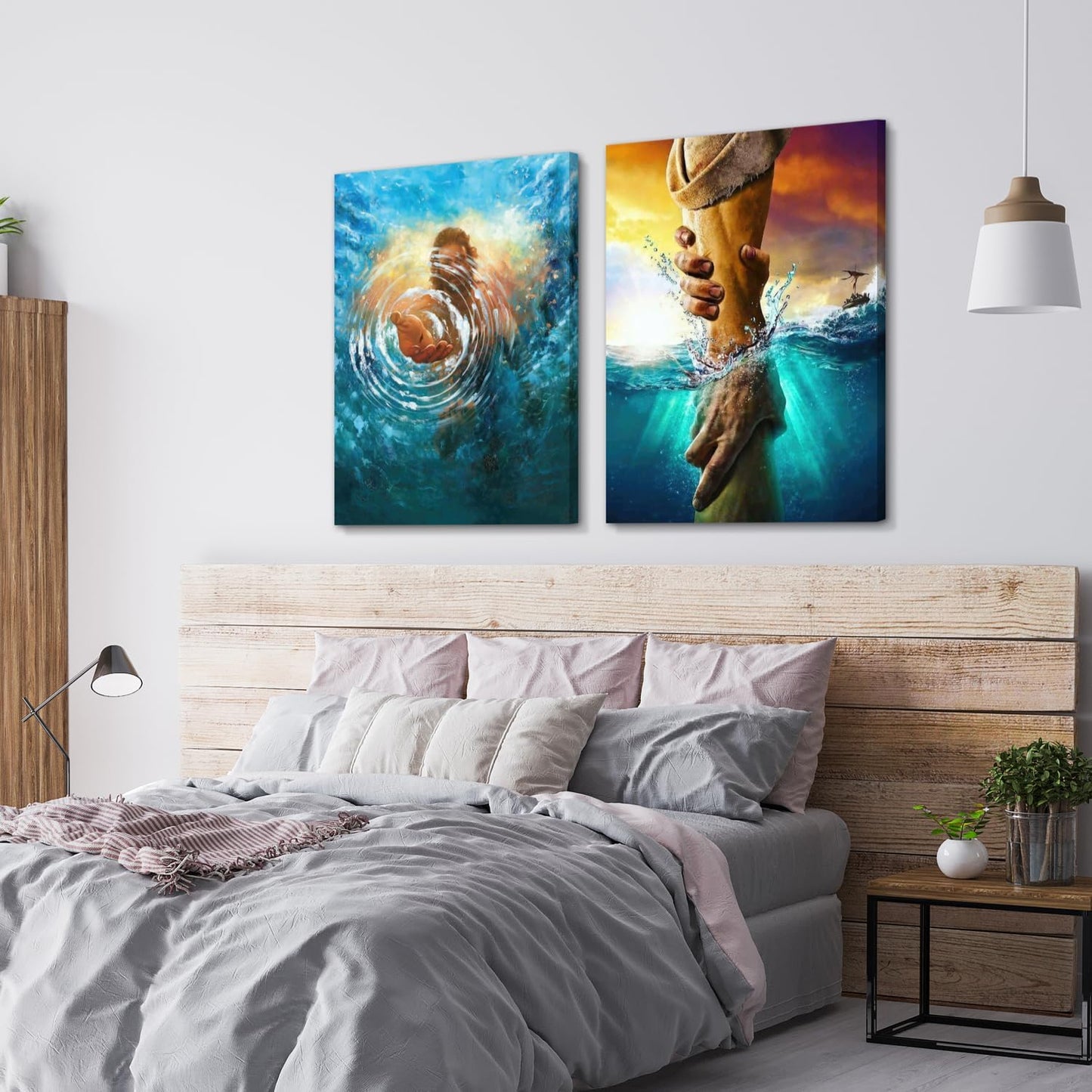 2 Pcs Framed Jesus Wall Art, The Hand of God Jesus Reaching Into Water Poster Prints, Christian Christmas Gifts, Bible Blue Ocean Wrapped Canvas Painting for Church Prayer Room Hospitals 16"x24"