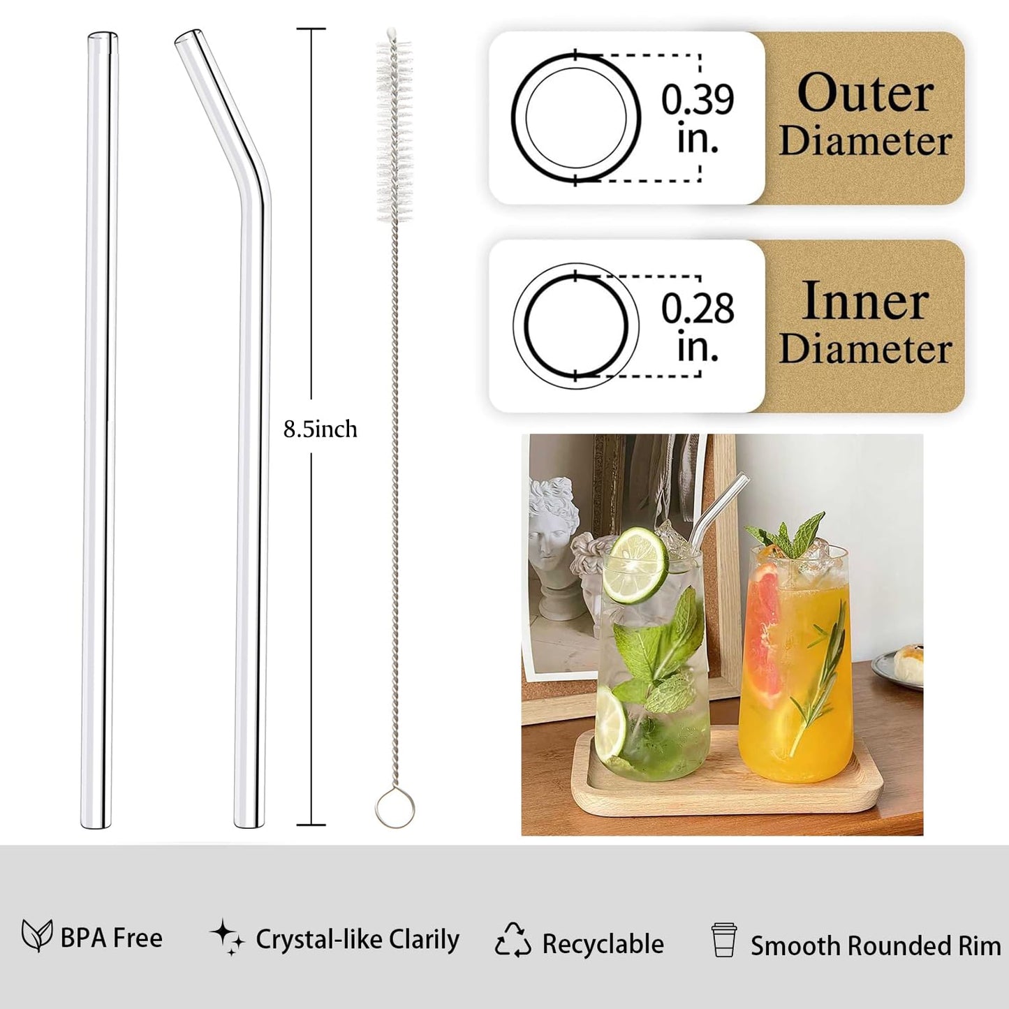 Mohary® 16-Pack Reusable Glass Straws, Clear Glass Drinking Straws, 8.5''x10MM, Set of 6 Straight and 6 Bent with 4 Straw Cleaner Brushes, Shatter Resistant, Perfect for Smoothies, Juice, Tea