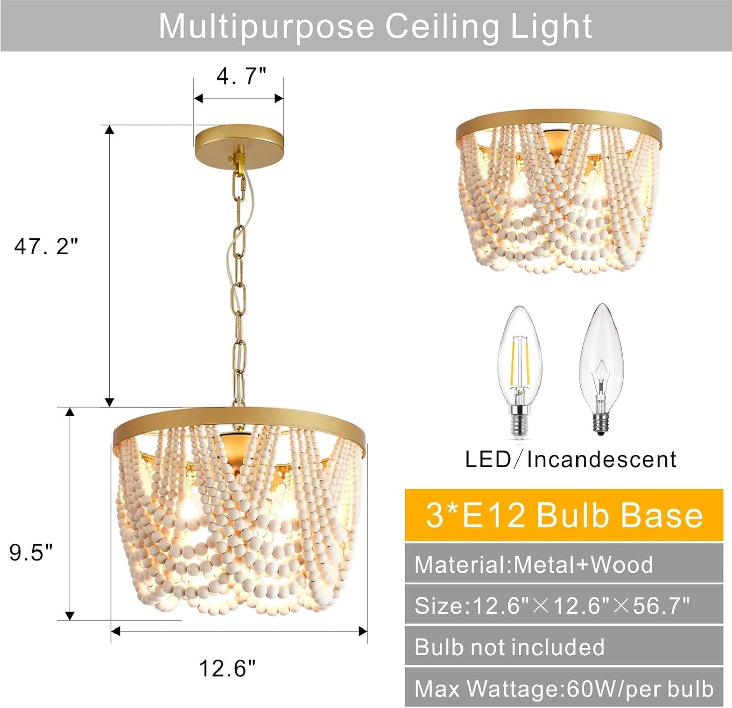 Farmhouse Boho Flush Mount Ceiling Light,3-Light Wood Bead Chandeliers,Black Metal Bohemia Hanging Pendant Lighting,Small Chandelier for Bedroom,Living Room,Entryway,Hallway