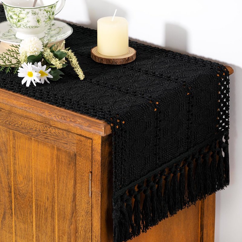 Socomi Boho Table Runner Easter Spring Farmhouse Rustic Dining Kitchen Centerpiece Decor Small Macrame Woven Cotton Linen Coffee Table Runner for Dresser Scarf Home Decor 12x60 inch Black