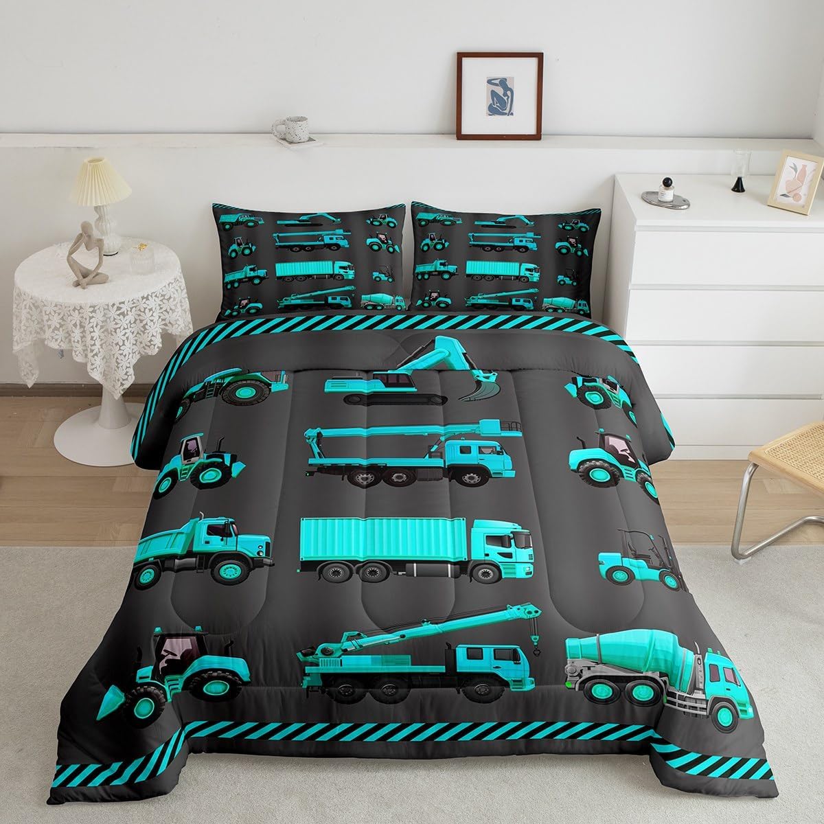 Cartoon Police Car Bedding Set Red Fire Truck Comforter Set for Kids Boys Fire Extinguisher Duvet Set Airplane Comforter 1 Comforter Set with 2 Pillowcases Full Size Boys