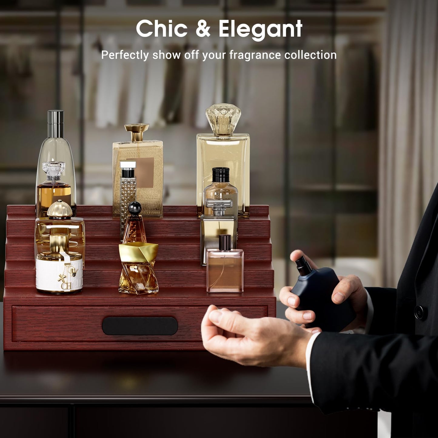 ProCase 4 Tiers Wooden Cologne Organizer for Men, Perfume Display Stand Shelf with Drawer, Men's Cologne Storage Rack, A Perfect Cologne Holder Gift for Men -Espresso