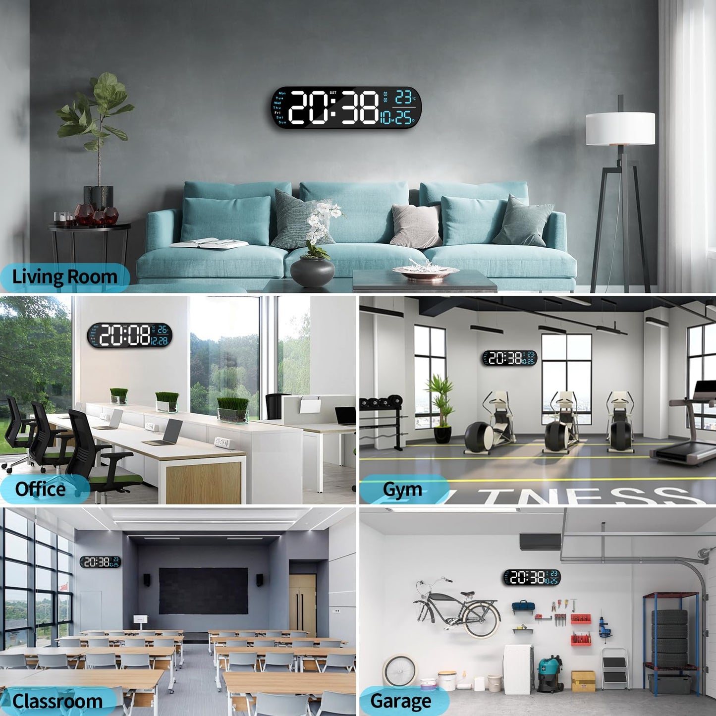 oviouit 14.3" Digital Wall Clock with Remote Control, Large Display, LED Clock for Living Room, Bedroom, Auto-Dimming, 9 Color Night Light, Auto DST, Date, Week, Temperature (Rounded Rectangle-Blue)