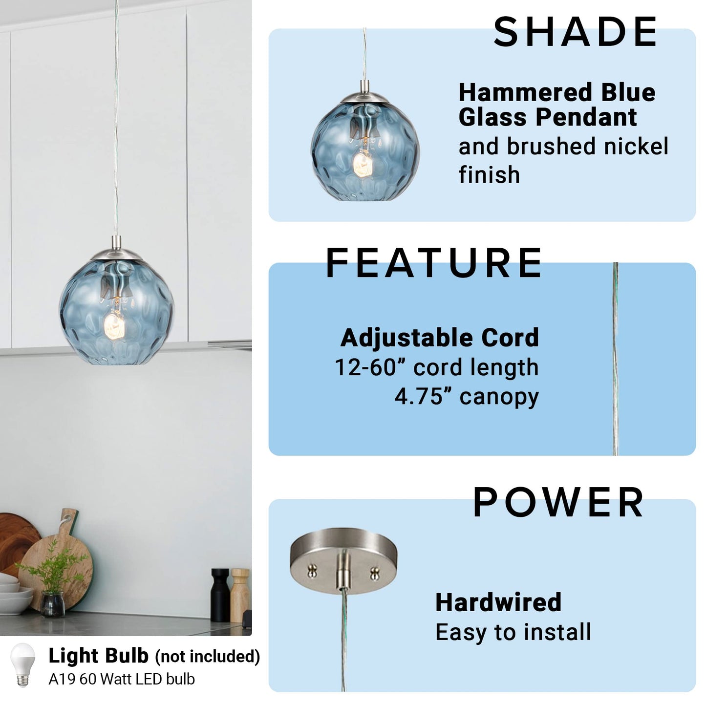 Catalina Lighting 69" Contemporary Small Hammered Glass Mini Pendant Ceiling Light, Blue, Classic Modern Kitchen Hanging Light