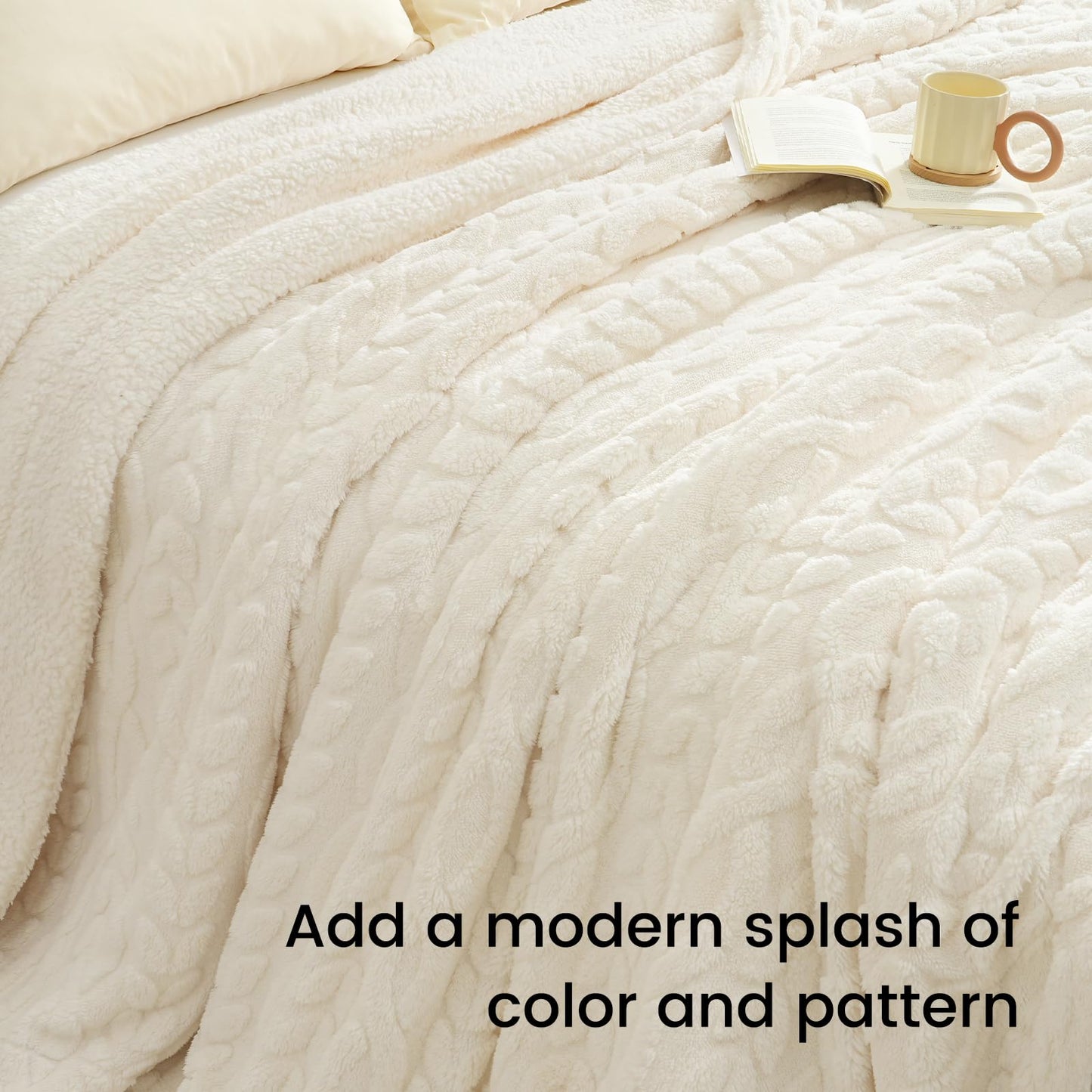 PHF Fluffy Sherpa Blanket King Size for Winter, Warm and Soft, 510GSM 3D Jacquard Thick Shaggy Fleece Plush Blanket for Sofa Bed, Cream, 108"x90"