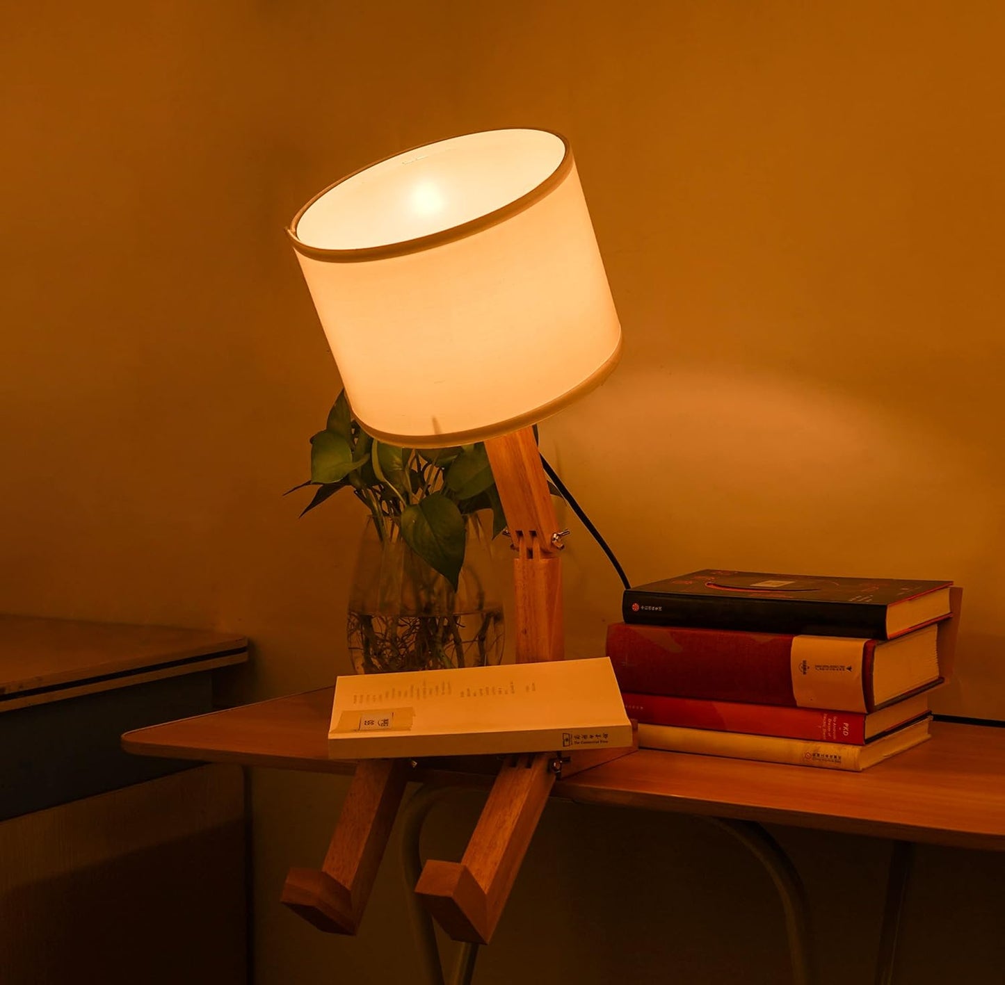 ELINKUME Robot Desk Lamp Set of 2, Creative Bedside Lamp for Bedroom,Wooden Lamp Body Adjustable,DIY E26 Living Room Table Lamps with Fabric Shade,Modern Indoor Decorative Lighting, TB-QBT005-WHM2