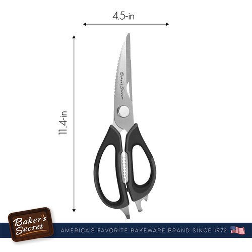 Baker's Secret - All Purpose Kitchen Scissors, 8.5" Stainless Steel with Nut Cracker feature, Bottle Opener, Kitchen Shears, Dishwasher Safe - Black Handle