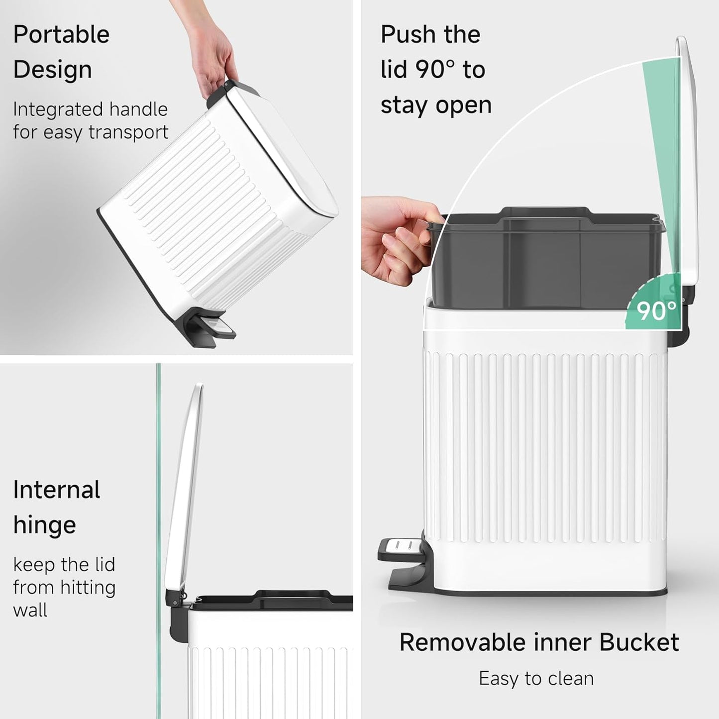 TIPGO Slim Bathroom Trash Can - Soft Close Lid & Step Pedal | 6L Stainless Steel Bin for Bedroom, Office, Kitchen (White)