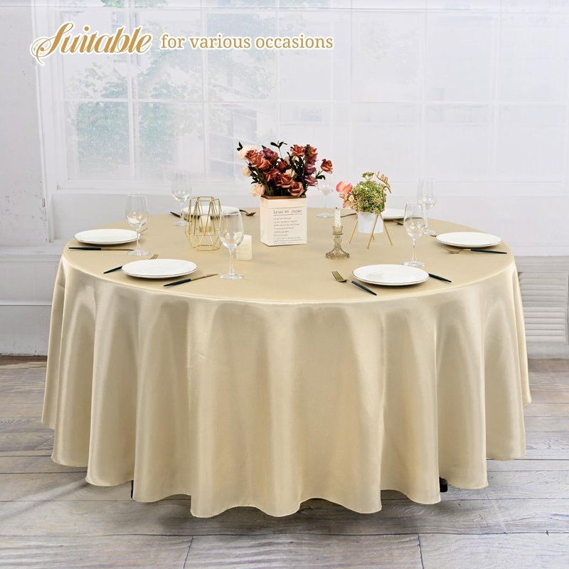 REWOMC 12 Pack 90 Inch Round Tablecloth, Champagne Satin Fabric, Wrinkle & Stain Resistant, Perfect for Weddings & Banquets
