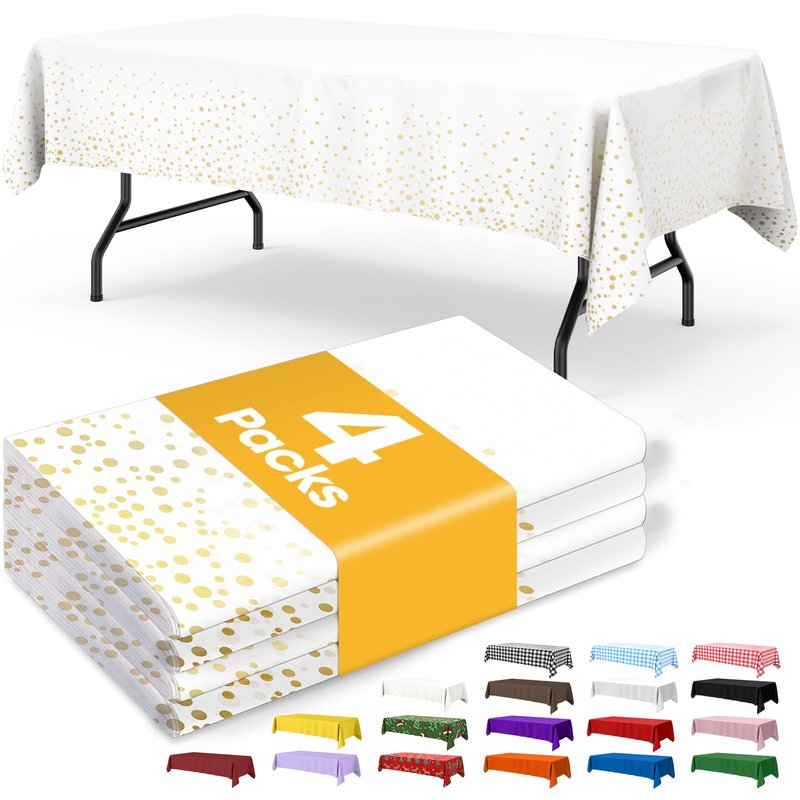Niuara White and Gold Plastic Table Cloth - 4 Pack 54" × 108" Rectangle Disposable Tablecloths for 6FT Tables, Table Cover for Party, Holiday & Gathering Use